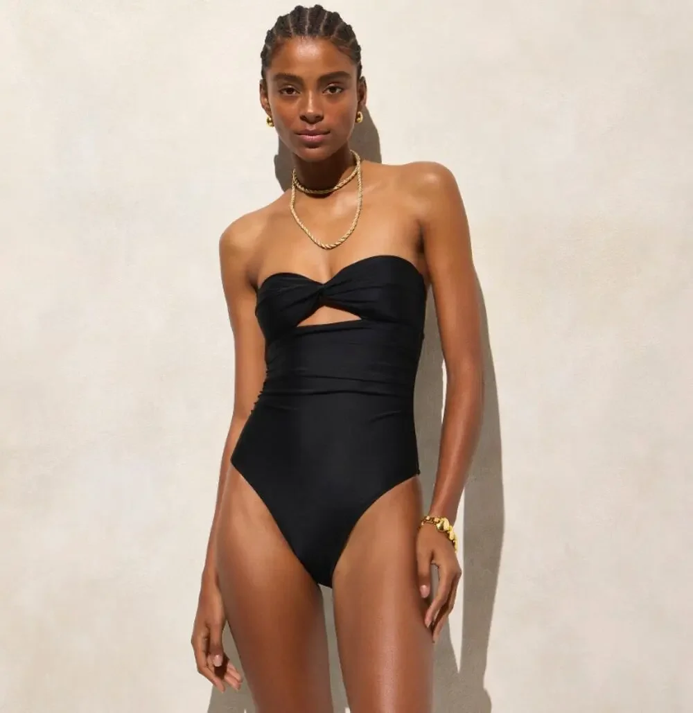 J.Crew Gemma Ruched Bandeau Cut-out One Piece Swimsuit 10 Black Removable Straps